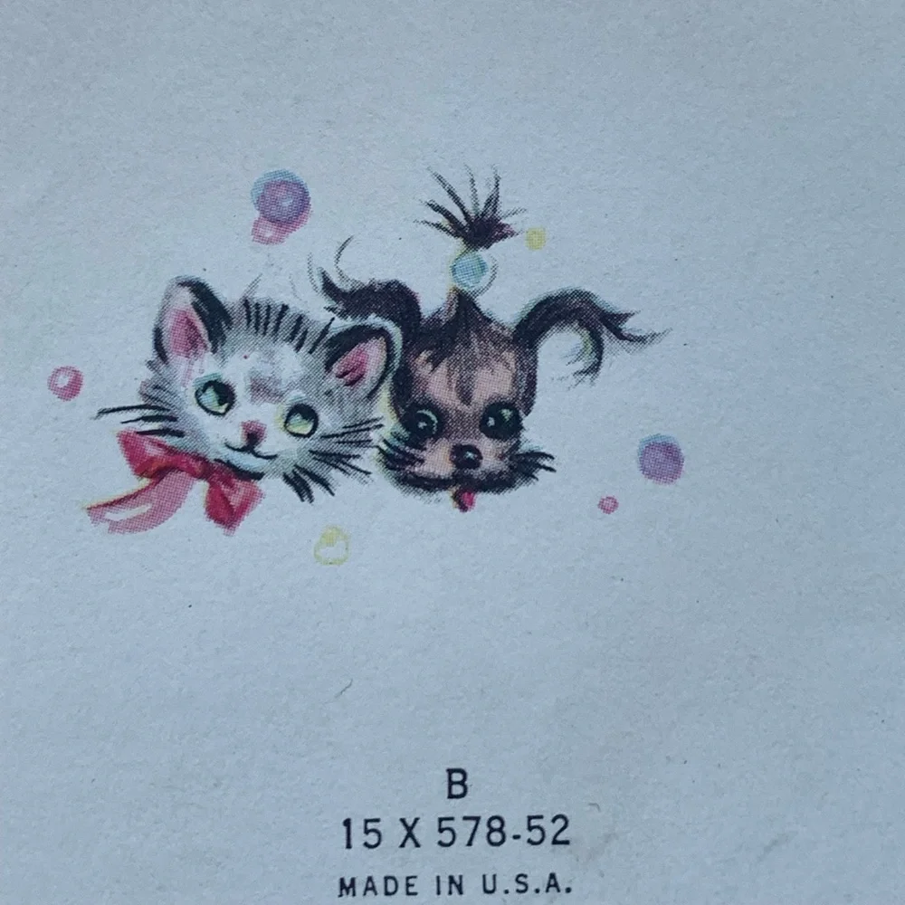 Vintage, 1950 Era Birthday Card Kitten & Puppy Bath Time “Just Bubbling Over”